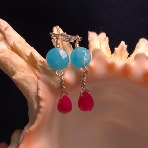 Handcrafted Sterling earrings w/aqua infusion, faceted, jade wire wrappe…
